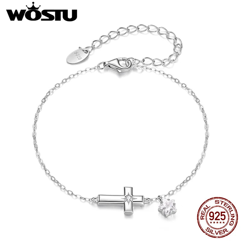 WOSTU 925 Sterling Silver  Classic Cross Style Zircon Chain Bracelet For Women Fashion Stacking Cross Wrist links Family Gift