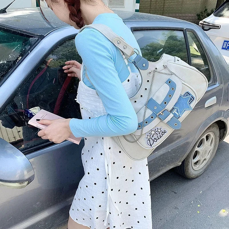 Gothic Punk Y2K One Shoulder Tote Bag, Harajuku Aesthetic Leather Patchwork Casual Handbag, Vintage Beige Female Bags