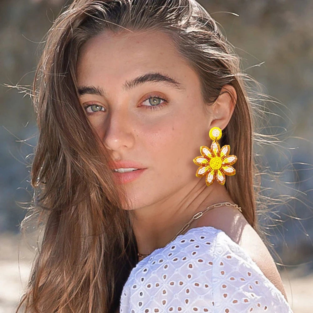 AENSOA Handmade Yellow Beaded Sunflower Drop Earrings for Women Girls Statement Seed Bead Floral Dangle Earrings Party Jewelry