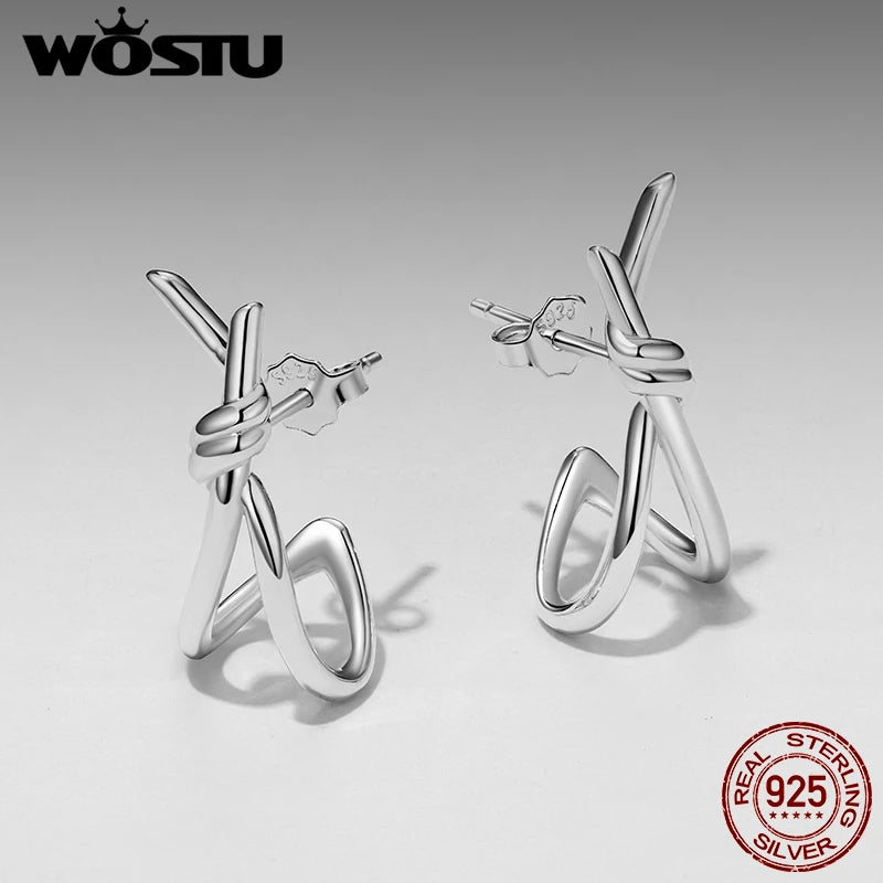 WOSTU Simple X Style Twisted Knot Wedding Stud Earrings, 925 Silver 18K Gold Hypoallergenic Ear Studs Lady Metal Jewelry Gift