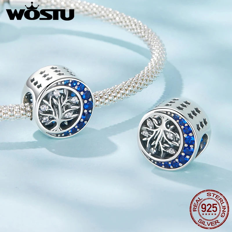 WOSTU 925 Sterling Silver Tree of Life Pendant Charms For Original Bracelet , s925 Blue CZ Moon Tree Beads Family Love Gift