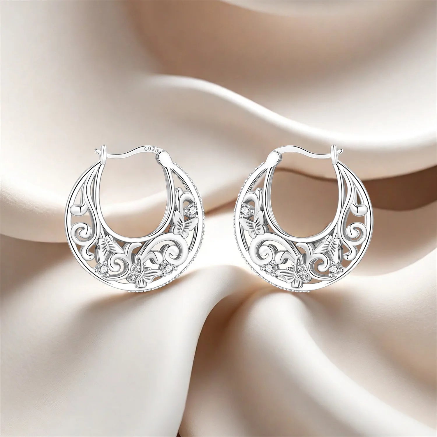 PANPOKI S925 Sterling Silver Sparkling Butterfly Insects Earrings Hoop Earrings For Women Jewelry Original Party Trendy Gifts