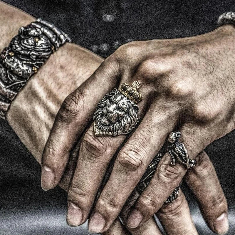 Retro Crown Lion Ring For Men Silver Color Punk Gothic Adjustable Open Ring Rock Hip Hop Handmade Jewelry Accessories Man Gift - Madeinsea©