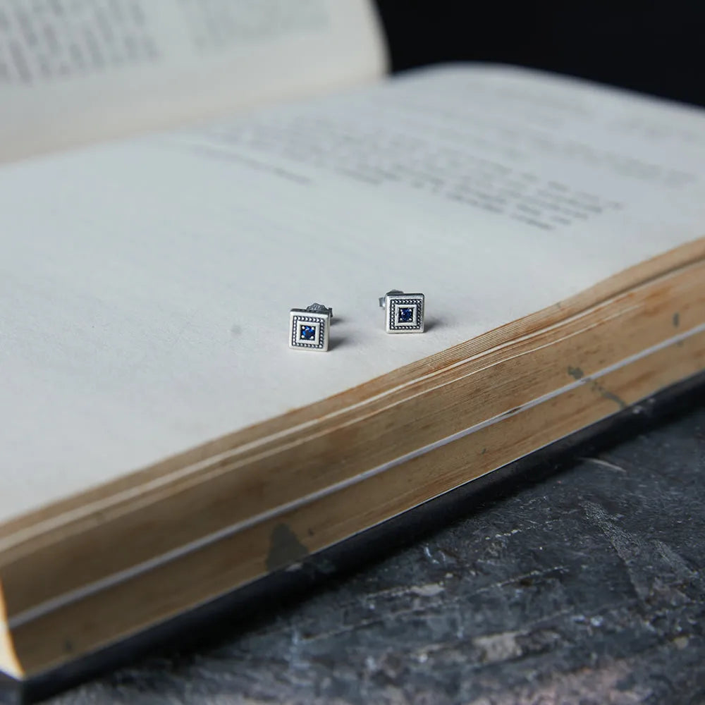 MKENDN Gothic Style 925 Sterling Silver Retro Square Blue Zircon Stud Earrings For Men Women Personality Punk Rock Ear Jewelry