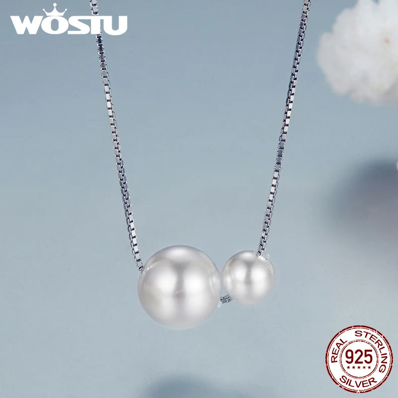 WOSTU 925 Sterling Silver Double Pearl pendant Necklaces Drop Earrings Pearl Opening Ring Bracelet Wedding Set Mother's Day Gift