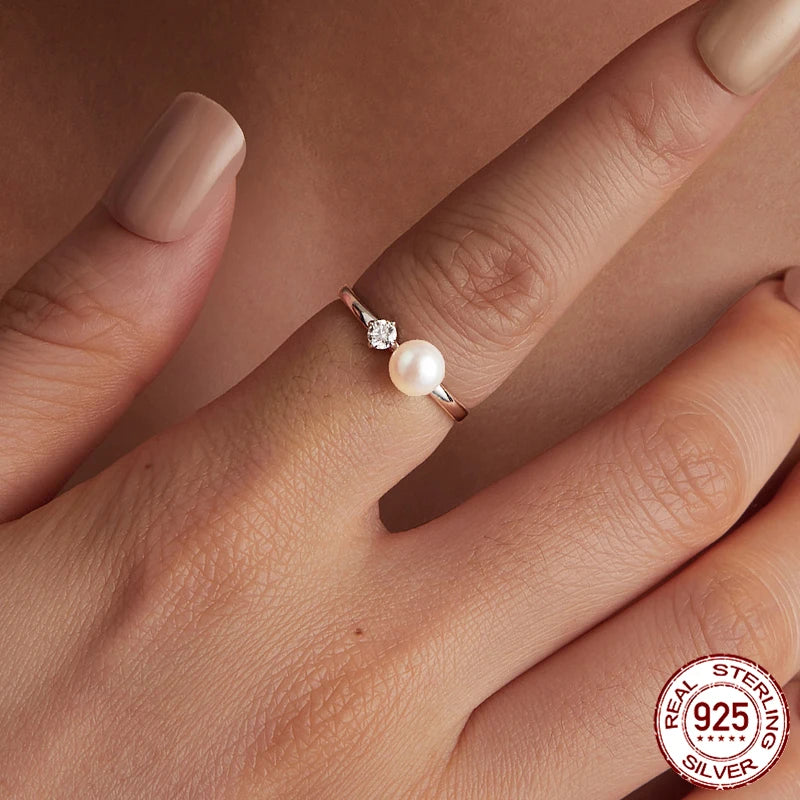 BAMOER Luxury Natural Pearl Moissanite Ring for Women, 925 Sterling Silver Elegant Anniversary Statement Gift Fine Jewelry