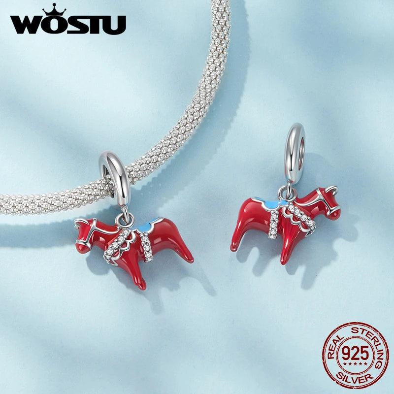 WOSTU 925 Sterling Silver Red Dalarna Horse Pendant Animal Charm Fit DIY Bracelet Necklace Women Family Daughter Jewelry Gift