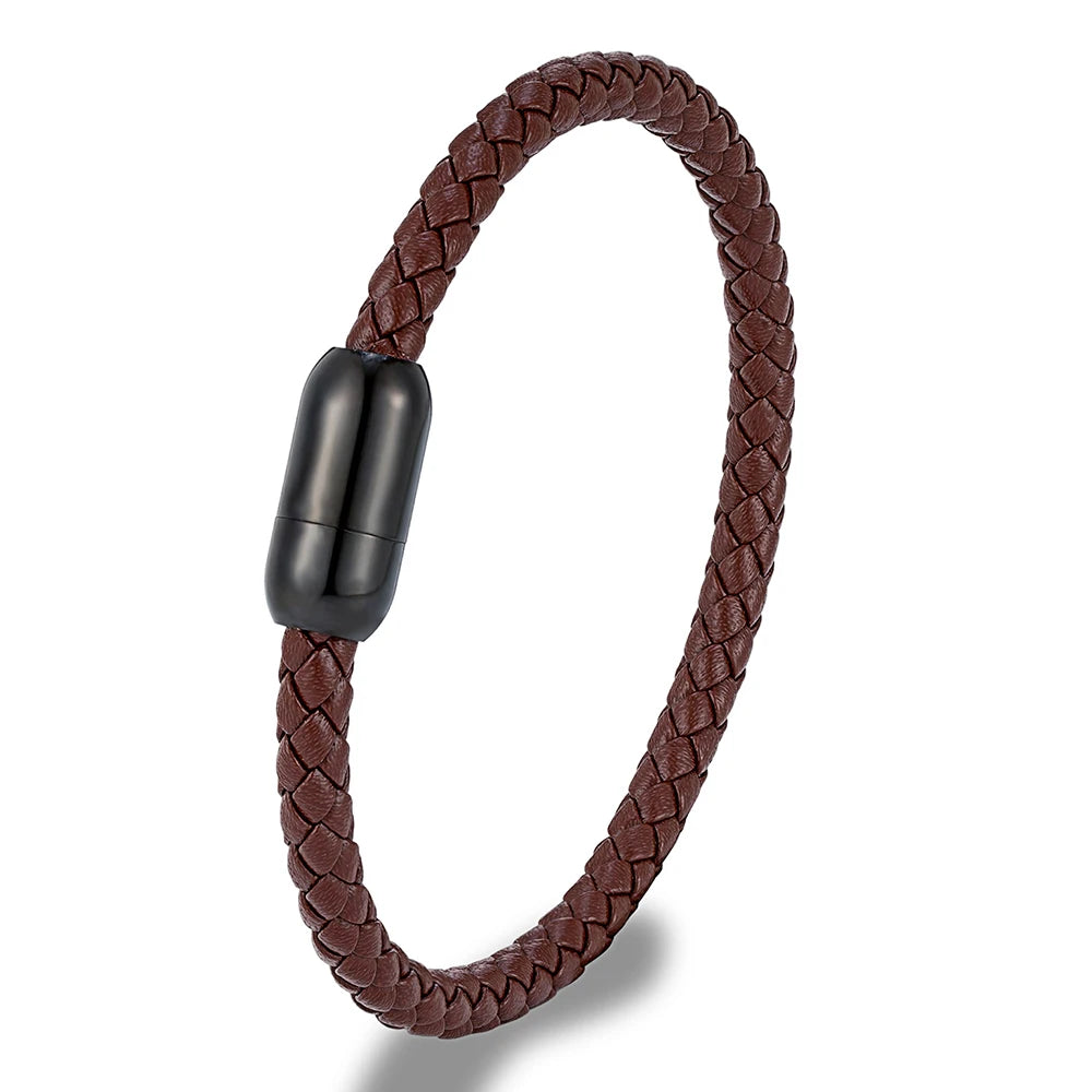 MKENDN Classic Men Leather Bracelet Woven Braided Leather Bracelets For Women Black Stainless Steel Jewelry Charm bangle