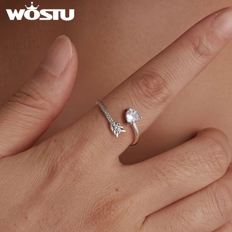 WOSTU Real 925 Sterling Silver Arrow Heart Open Ring Wedding Party Gift AAA Zircon Adjustable Rings Girl Lolvey Jewelry CTR666-E