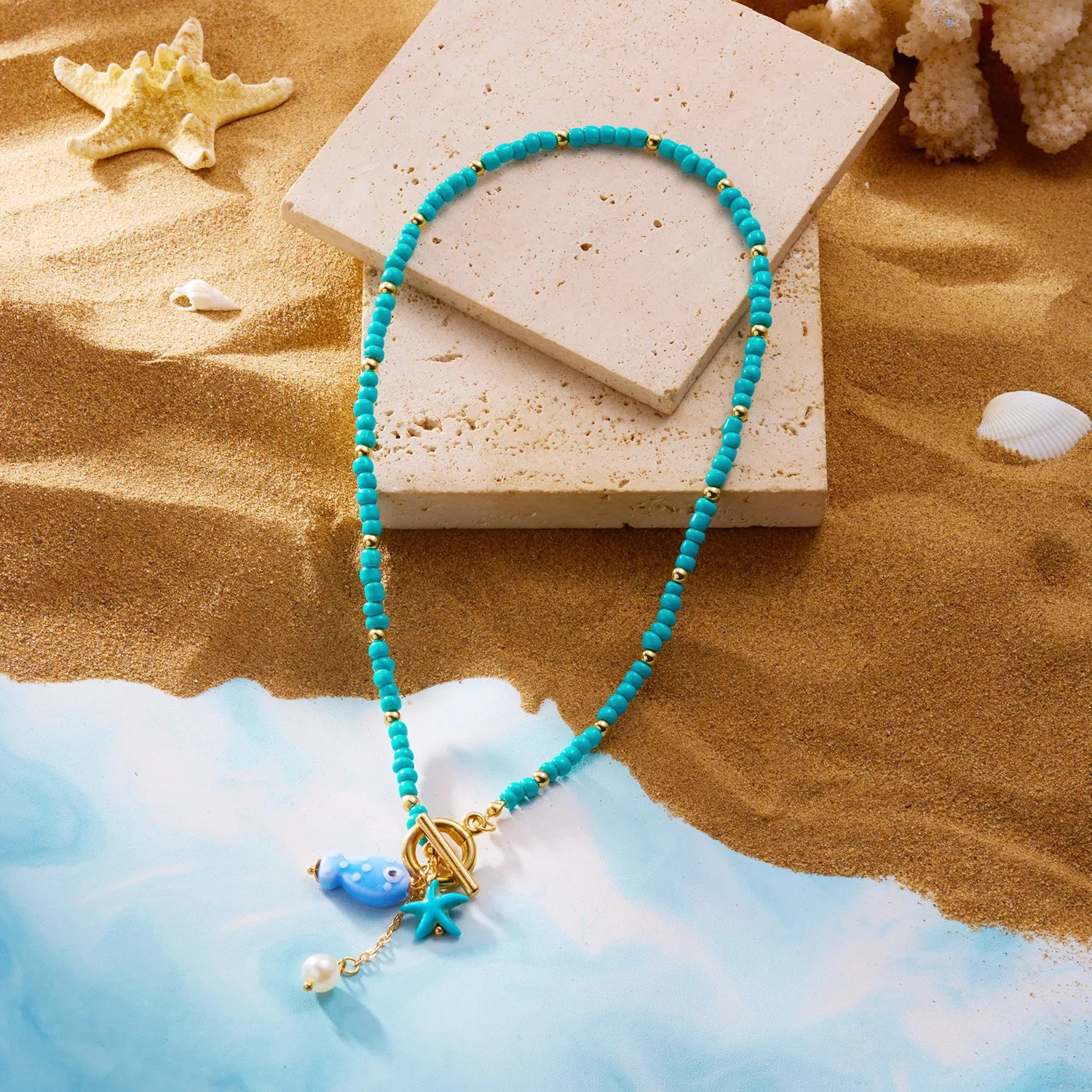 Charm Ceramic Cartoon Fish Pendant Necklace For Women Girls Colorful Rice Beads Starfish OT Buckle Choker Beach Party Jewelry