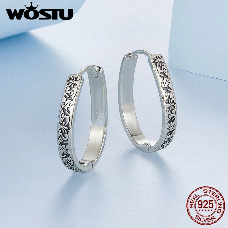 WOSTU 925 Sterling Silver Big Circel Vintage Hoop Earrings, Women Scroll Flower Engraved Hoops Earring Hypoallergenic Gift