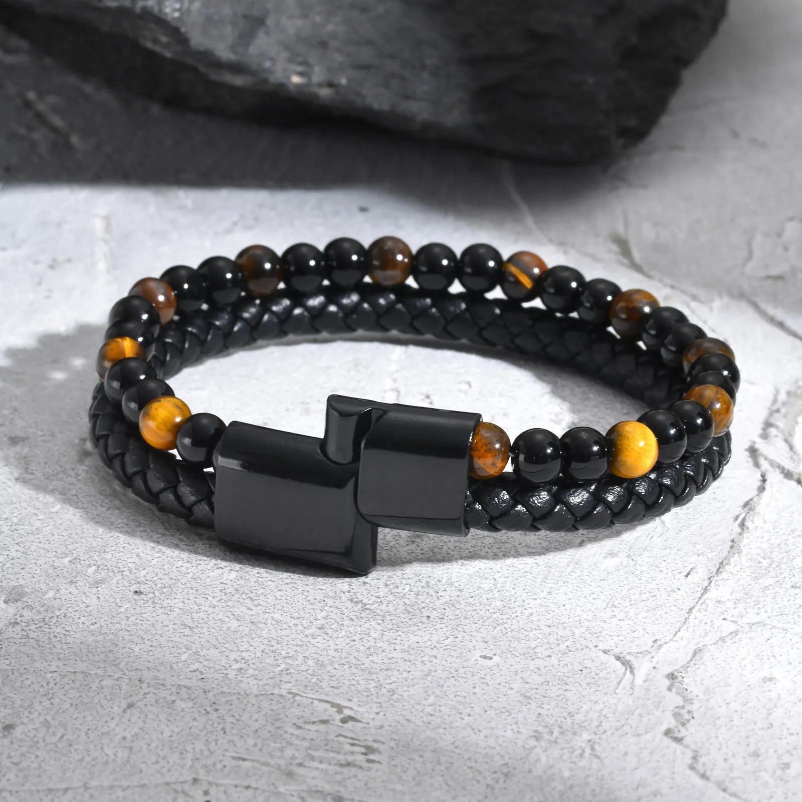 Vnox Tiger Eye Stone Bracelet Men, Blue Black Beads Bracelets, Black Braided Leather Bangle Gift for Dad Fathers Day - Madeinsea©