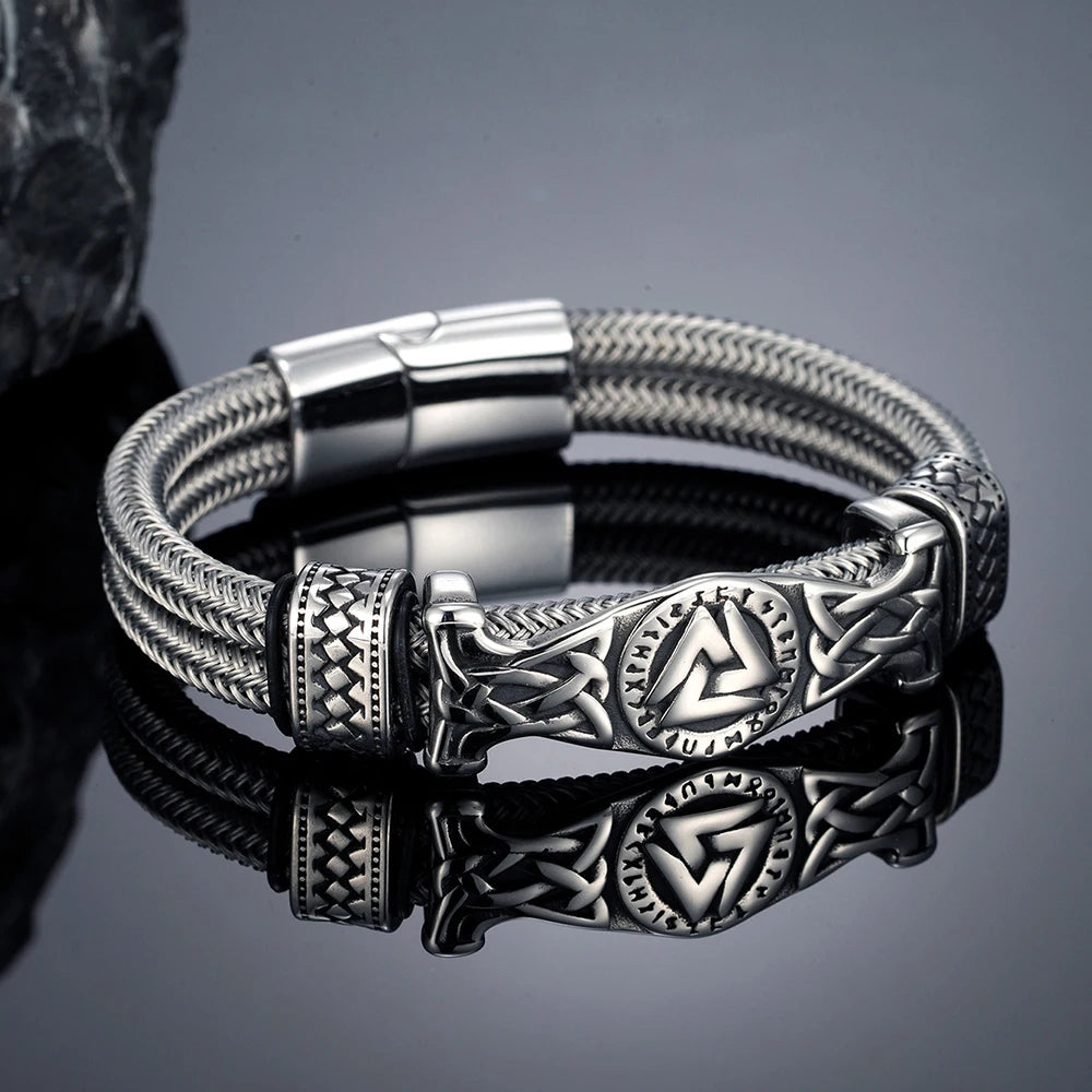 MKENDN Viking Style Stainless Steel Non-fading Steel Wire Rope Bracelets for Men Triangle Amulet Wrap Cuff Wirstband Bracelets