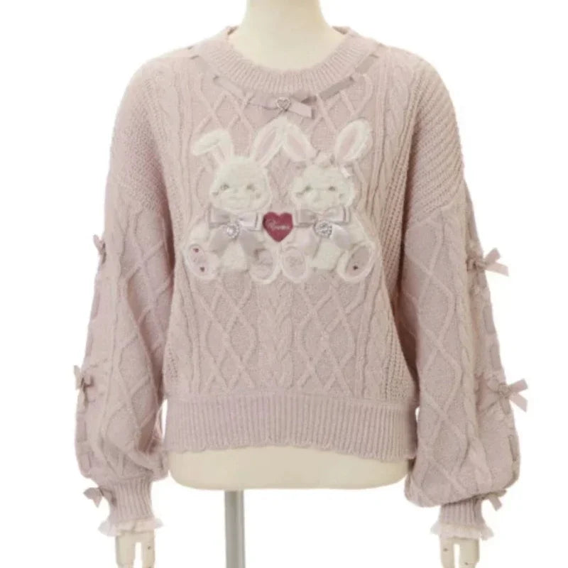 Sweet Lolita Cartoon Plush Bear Bunny Knitted Pullovers Women Harajuku Bow Pearl Ribbon Sweaters Japanese Girls Knitwear Tops - Madeinsea©