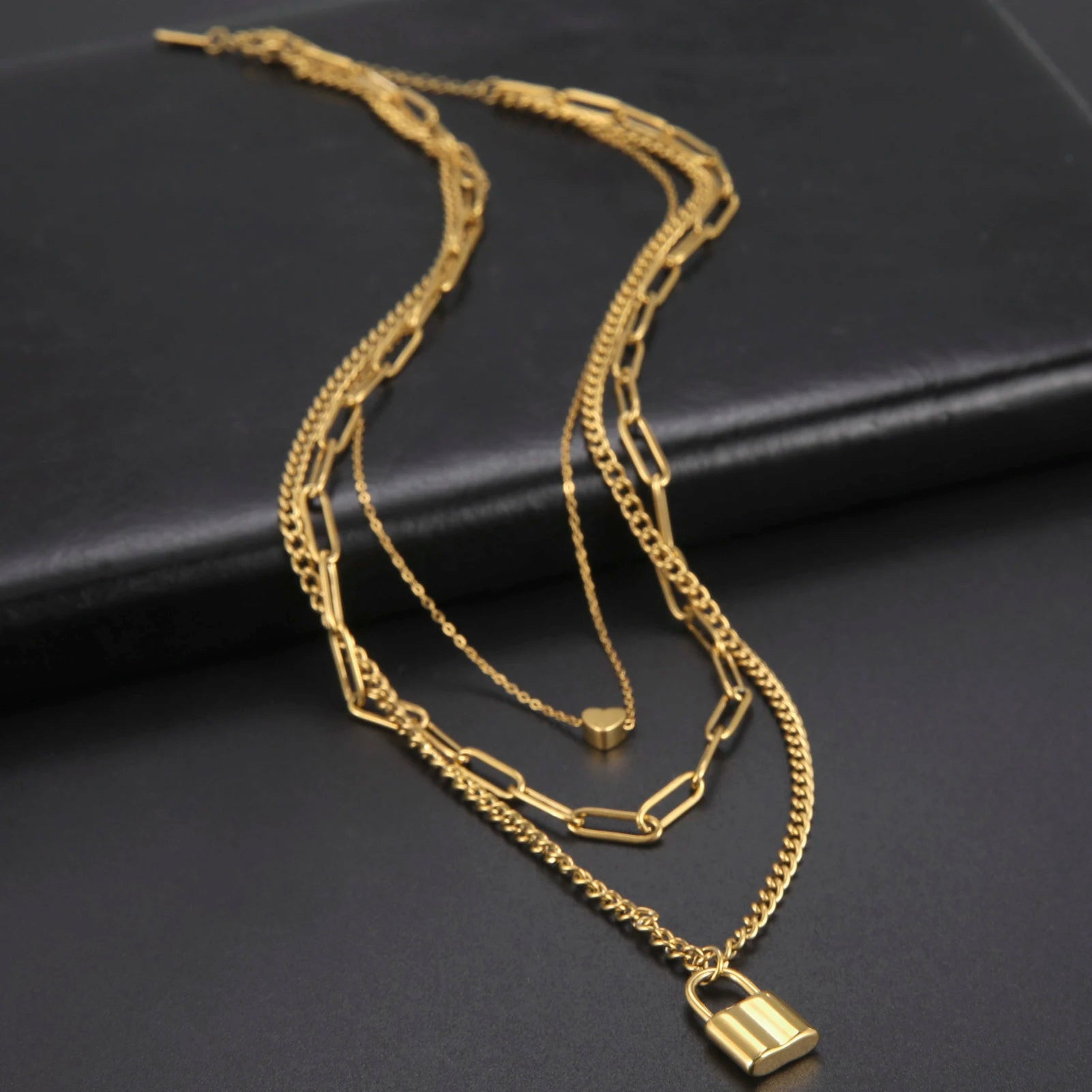 Stainless Steel Gold Color Lock Necklace for Women Hip Hop Three Layer Chain Necklace Padlock Pendant Choker Jewelry