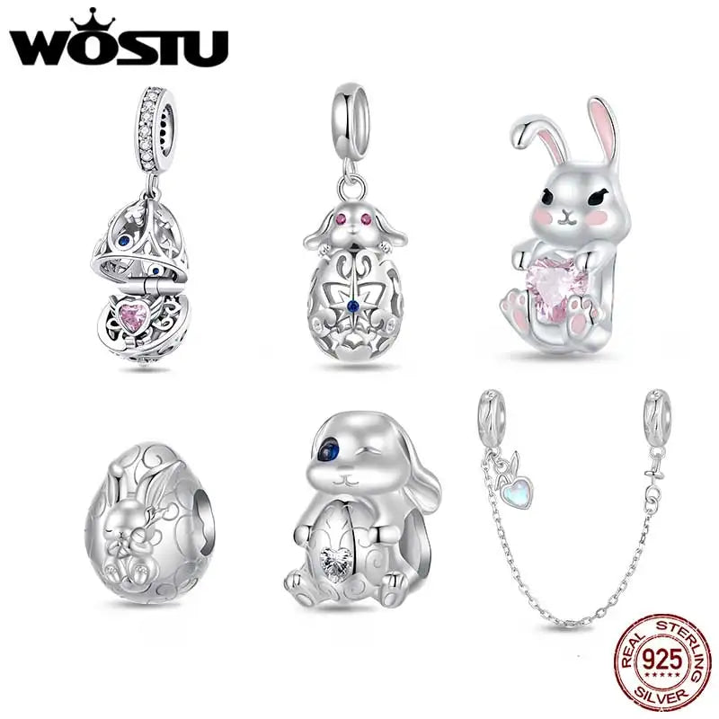 WOSTU 925 Silver Easter Rabbit with Egg Charm Heart Rabbits Pendant Moonstone Safety Chain Fit Bracelet Girl Daughter DIY Gifts