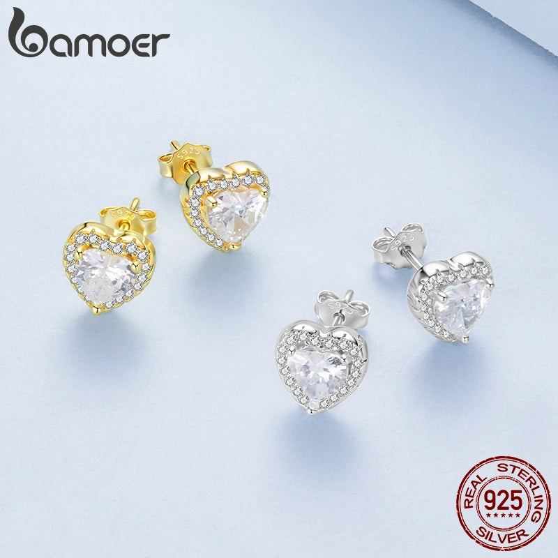 BAMOER 18K Gold Heart CZ Stud Earrings 925 Sterling Silver Hypoallergenic Classic Halo Earrings Circle Setting Women Dating Gift