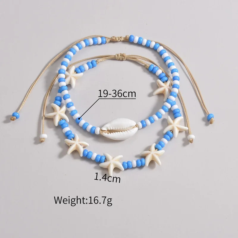 Cute Starfish Shell Blue White Rice Beads Foot Chain Anklet Sets For Women Ankle Bracelet Elastic Rope Beach Jewelry Accessories - Madeinsea©