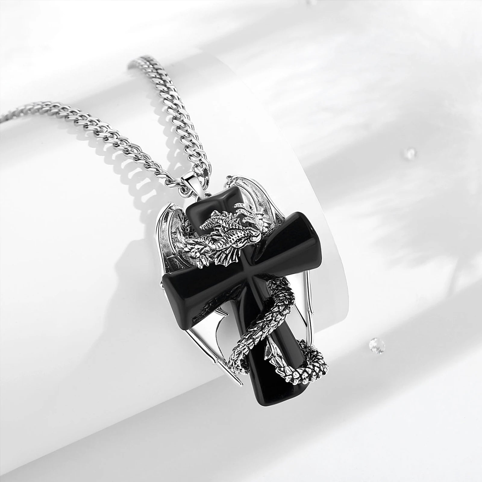 Eudora Dragon Twining Cross Obsidian Necklace Punk Natural Healing Stone Crystal Pendant Spiritual Jewelry Meditation Fine Gift