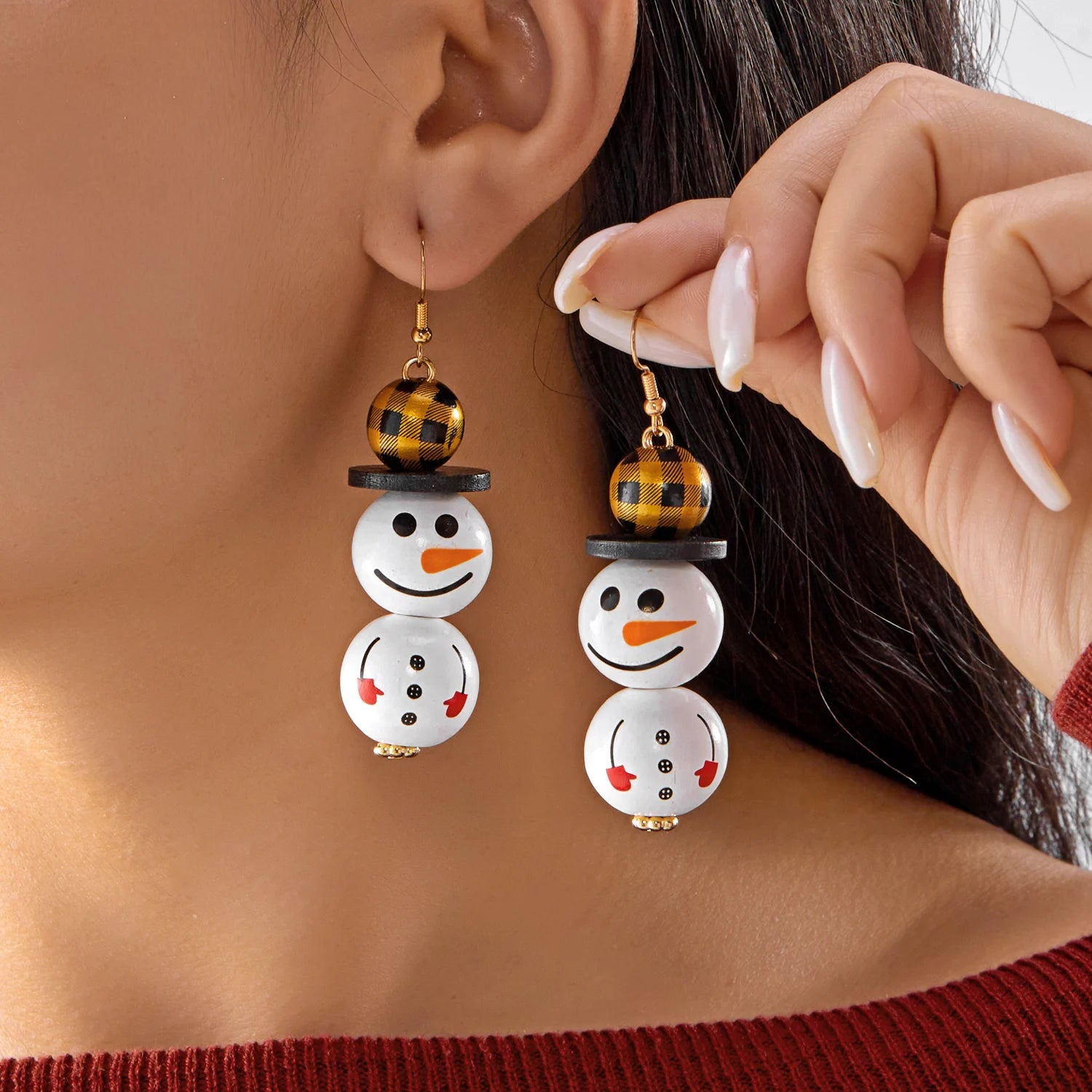Cartoon Wooden Snowman Dangle Earrings For Women Wear A Hat Cute Santa Claus Wood Beads Earring Christmas Party New Year Gifts