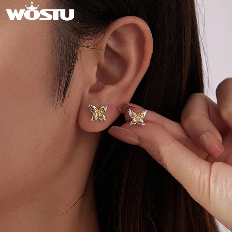 WOSTU Minimalist 925 Silver Butterfly Stud Earrings, Gold Plated Two-Tone Ear Studs Hypoallergenic Cute Gift for Women & Teens
