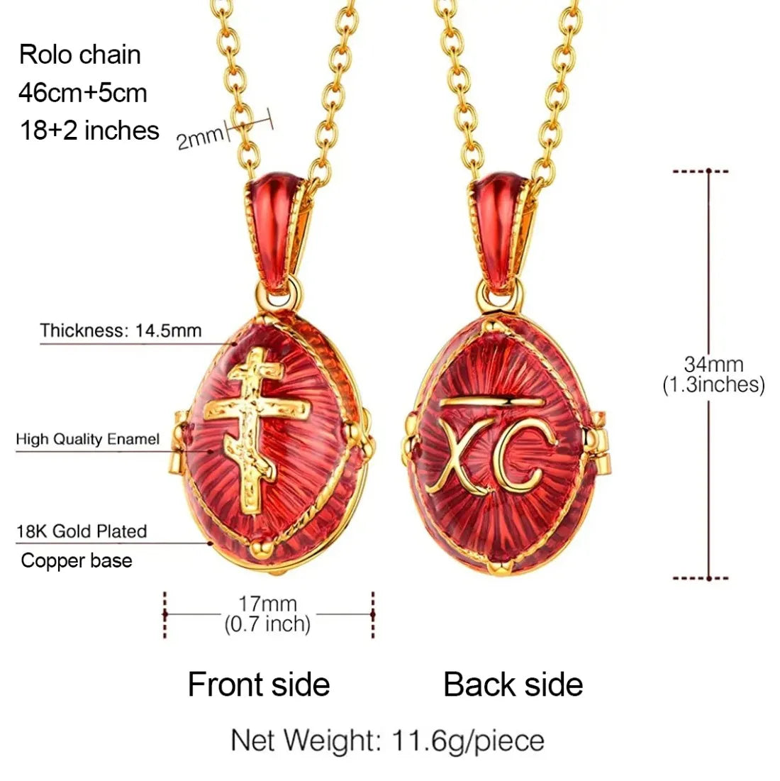 Chainspro Orthodoxe Medaillon-Halsketten mit Kreuz und Ei, oval, für Damen, Anhänger, 45,7 cm Kette, 14 Karat vergoldet, Emaille, Gedenkschmuck für Sie