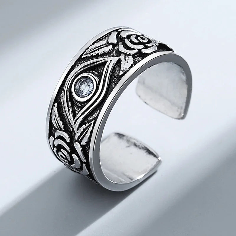 Retro Blue Horus Eye Rose Ring For Men Silver Color Punk Gothic Adjustable Ring Handmade Unisex Jewelry Accessories Lovers Gift