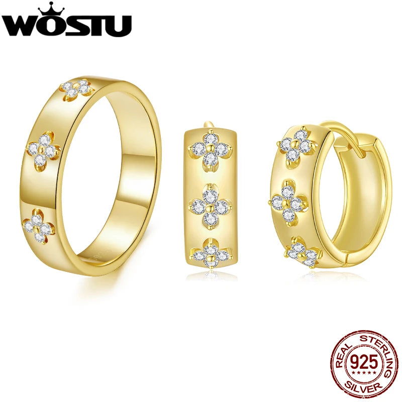 WOSTU Moissanite Clover Hoop Earrings Engagement Ring for Women, 925 Sterling Silver Gold Clover Jewelry Set Xmas New Year Gift