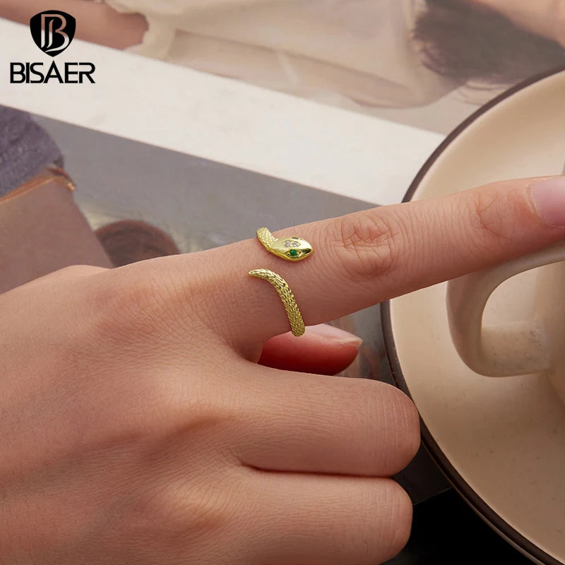 BISAER Solid 925 Sterling Silver Viper Open Ring Snake Green Zircon Eye Eternity Band Plated Gold for Women Party Fine Jewelry