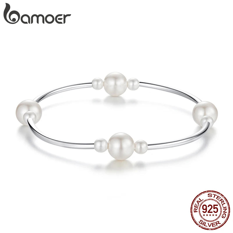 BAMOER Perlenarmband aus 925er Sterlingsilber für Damen, zierliches, verstellbares Perlenarmband mit Kette BSB203