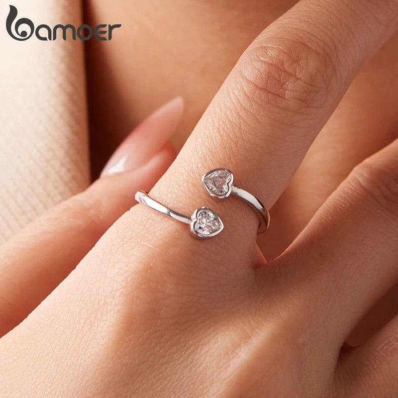 Bamoer 925 Sterling Silver Double Heart Arrow Open Ring Adjusable Promise Zircons Ring for Women Teens Minimalist Daily Gift