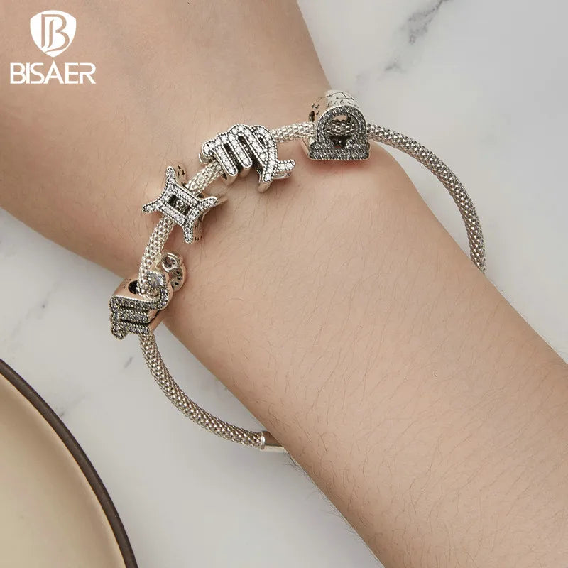 BISAER 925 Sterling Silver 12 Constellation Charms Aries Libra Beads Fit Women DIY Bracelet Necklace Fine Jewelry Birthday Gifts