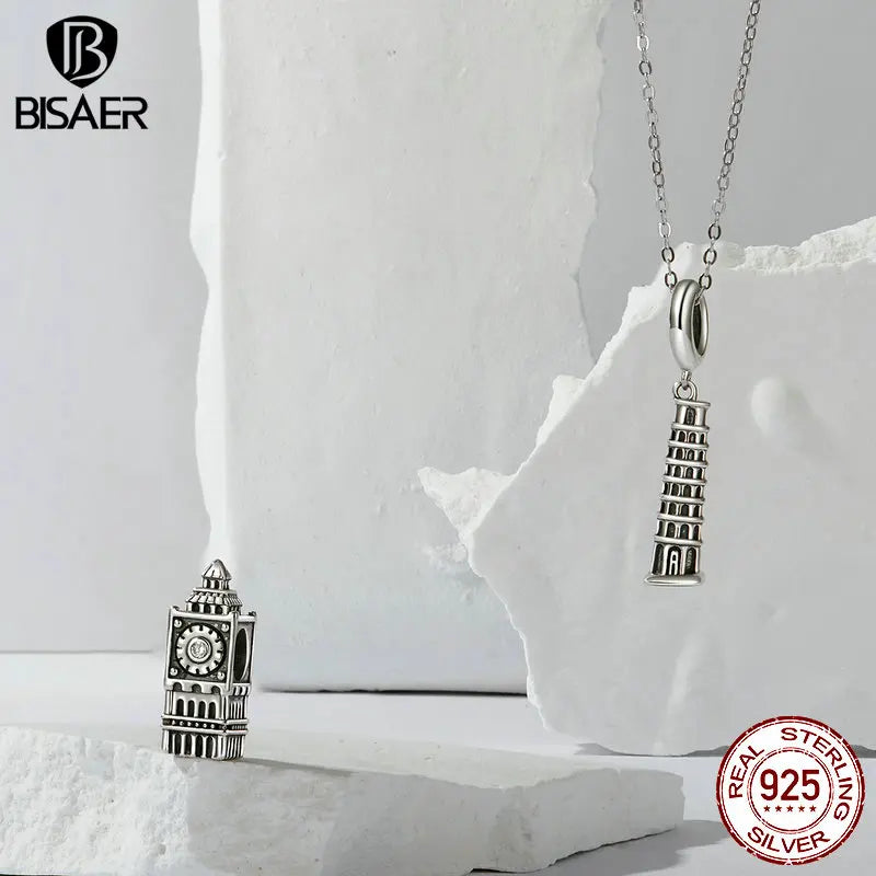 BISAER 925 Sterling Silver World Famous Building Style Charms Beads Eiffel Tower Big Ben Pendant Fit Bracelets DIY Fine Jewelry
