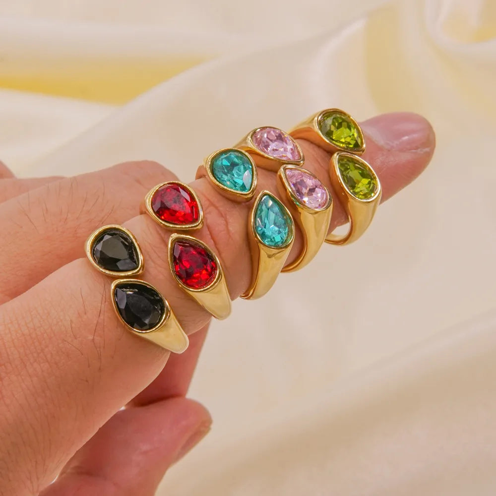Multi-Color Fashion Jewelry Open Rings 18K Gold Plated Stainless Steel Simple Crystal Ring For Women Jewelry