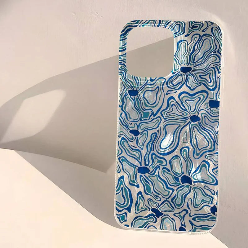 Abstract Blue Aqua Water Wave Floral Case for Samsung Galaxy S25 S24 S23 Ultra S22 S21FE A16 A15 A55 A35 A14 A34 A54 A56 A52 A36