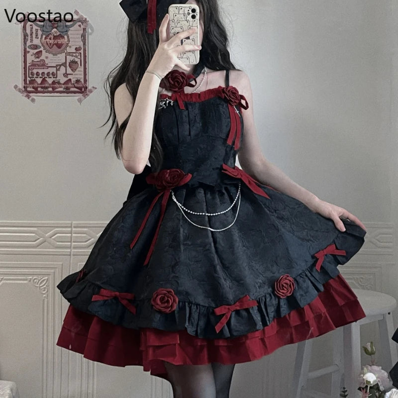 Victorian Vintage Gothic Lolita Jsk Dress Women Elegant Rose Ruffles Bow Princess Dresses Halloween Girls Y2k Tea Party Dress