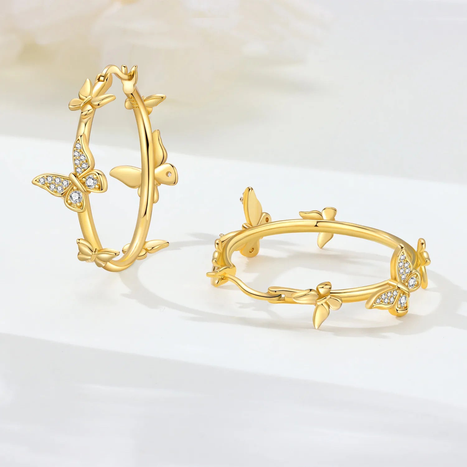 PANPOKI Original 925 Sterling Silver Golden Butterfly Insects Earrings Women Hoop Earring Anniversary Jewelry Trendy Gifts