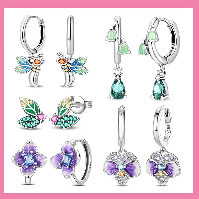925 Sterling Silver Plants and Insects  Drops Earrings Little Green Leaves and Fireflies Earrings Suitable for Women's Jewelry