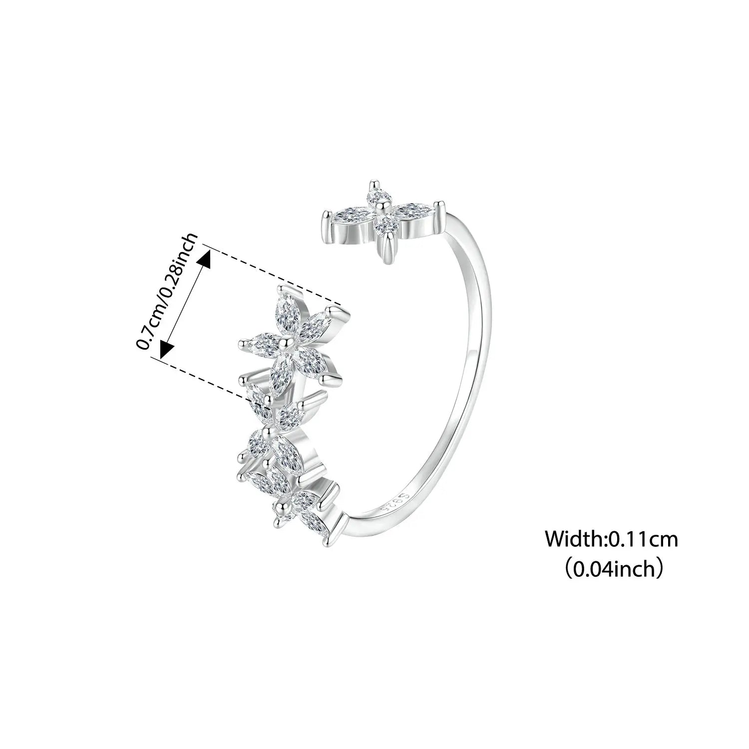 BISAER Real 925 Sterling Silver Autumn Leaves Open Ring Sparkling Zircon Band Adjustable Size 5-9 for Women Party Fine Jewelry