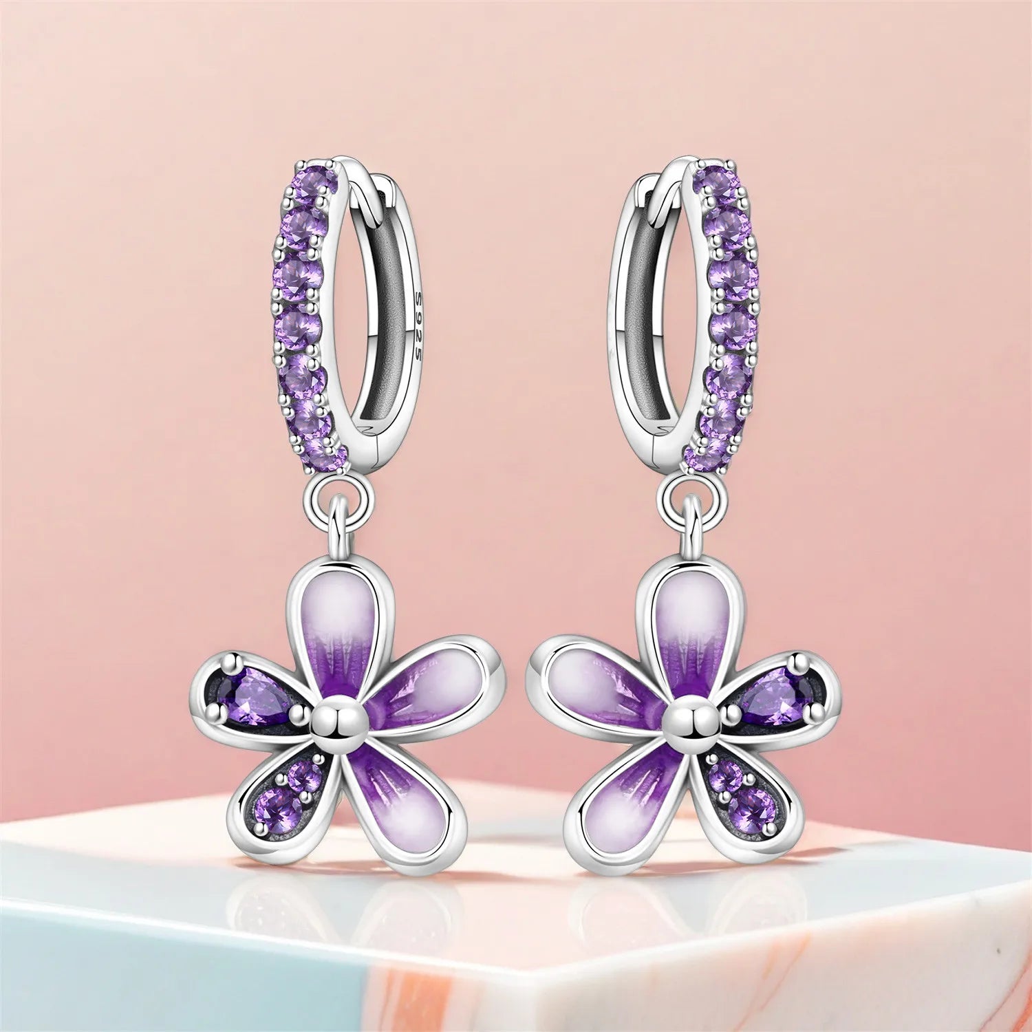 PANPOKI 925 Sterling Silver Gradient Purple Flower Drop Earrings Women Earrings Charm Fashion Versatile Party Jewelry Gifts