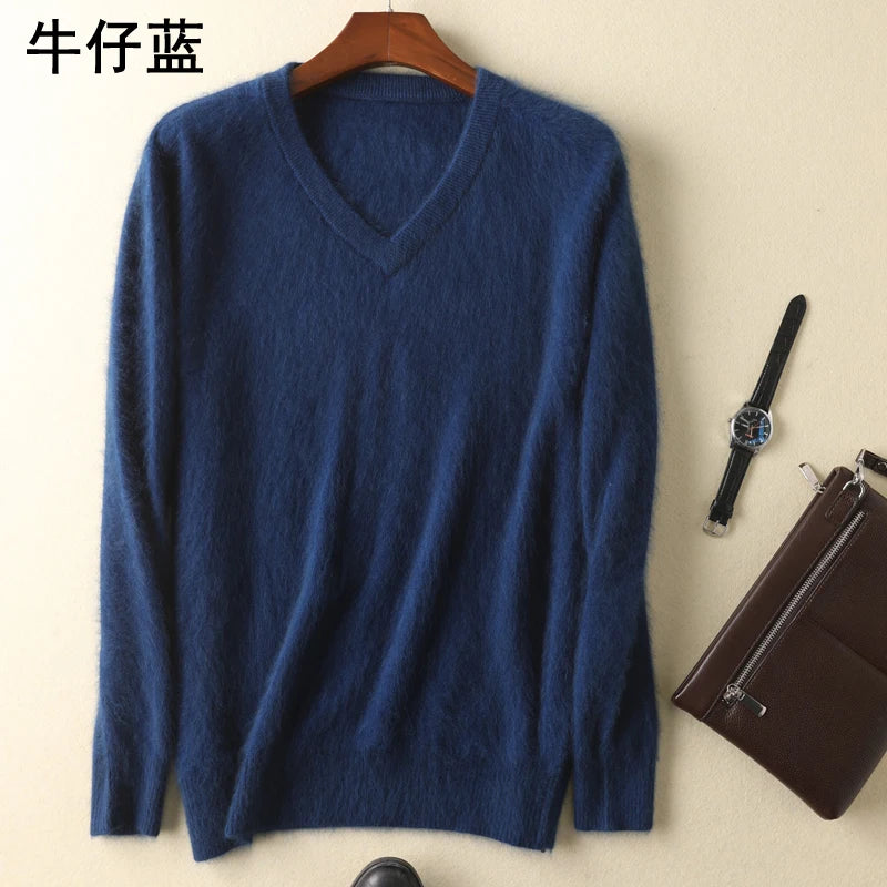 LHZSYY Men's 100% Mink Cashmere Large Size Sweaters Autumn Winter Solid V-neck Casual Knit Pullovers Men Long Sleeve Warm Jumper - Madeinsea©