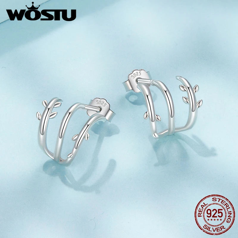 WOSTU 925 Sterling Silver Multi layer Leaves Stud Earrings Moon Star Zircon Ear Studs For Women Party Stacking Jewelry Girl Gift