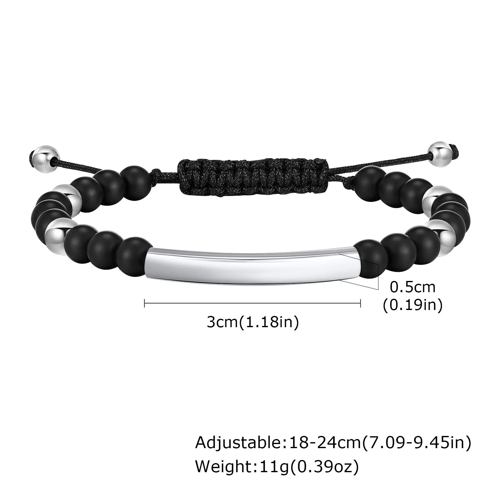 Vnox Free Engrave Words Stainless Steel Bangles, Black Natural Beads Beaded Bracelets, Adjustable Mens Wristband Gift