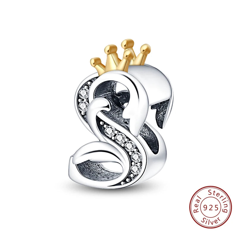 925 Sterling Silver 26 Alphabet A-Z Crown Letters Charms Bead Fit Original Bracelet Fine DIY Charm For Woman Anniversary Jewelry