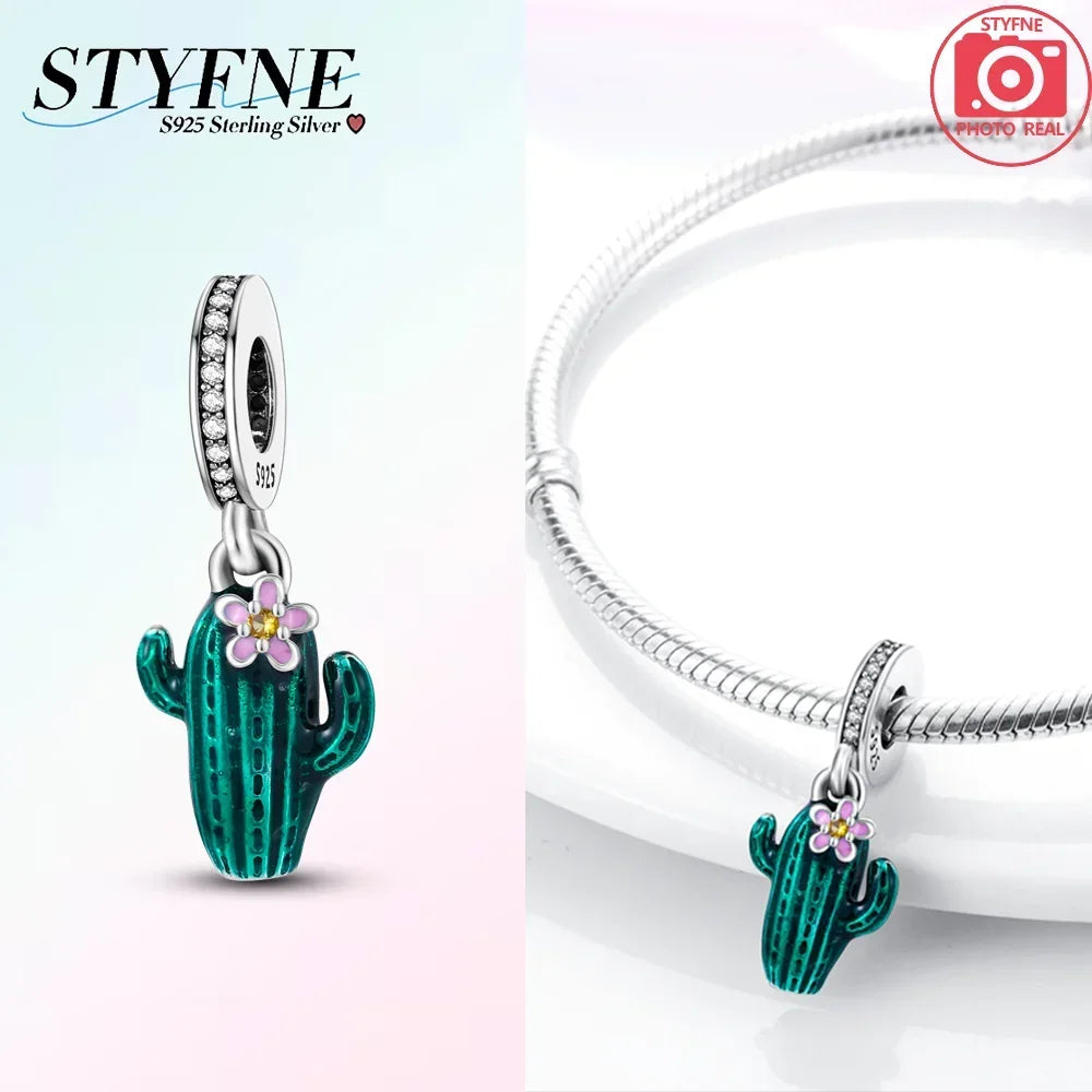 925 Sterling Silver Green Series Tree Cactus Leaves Pendant DIY Charm Beads Fit Original Bangle Charms Bracelet Women Jewelry