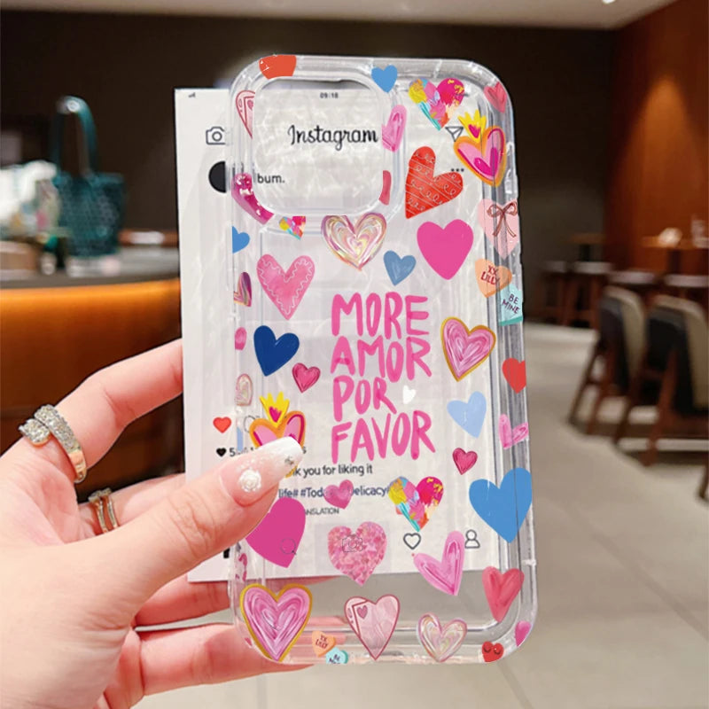 Phone Case For iPhone 17 Air 16 15 14 13 12 11 Pro Max 16E 7 8 15 16 Plus Different Heart Print Clear Soft Silicone Cover