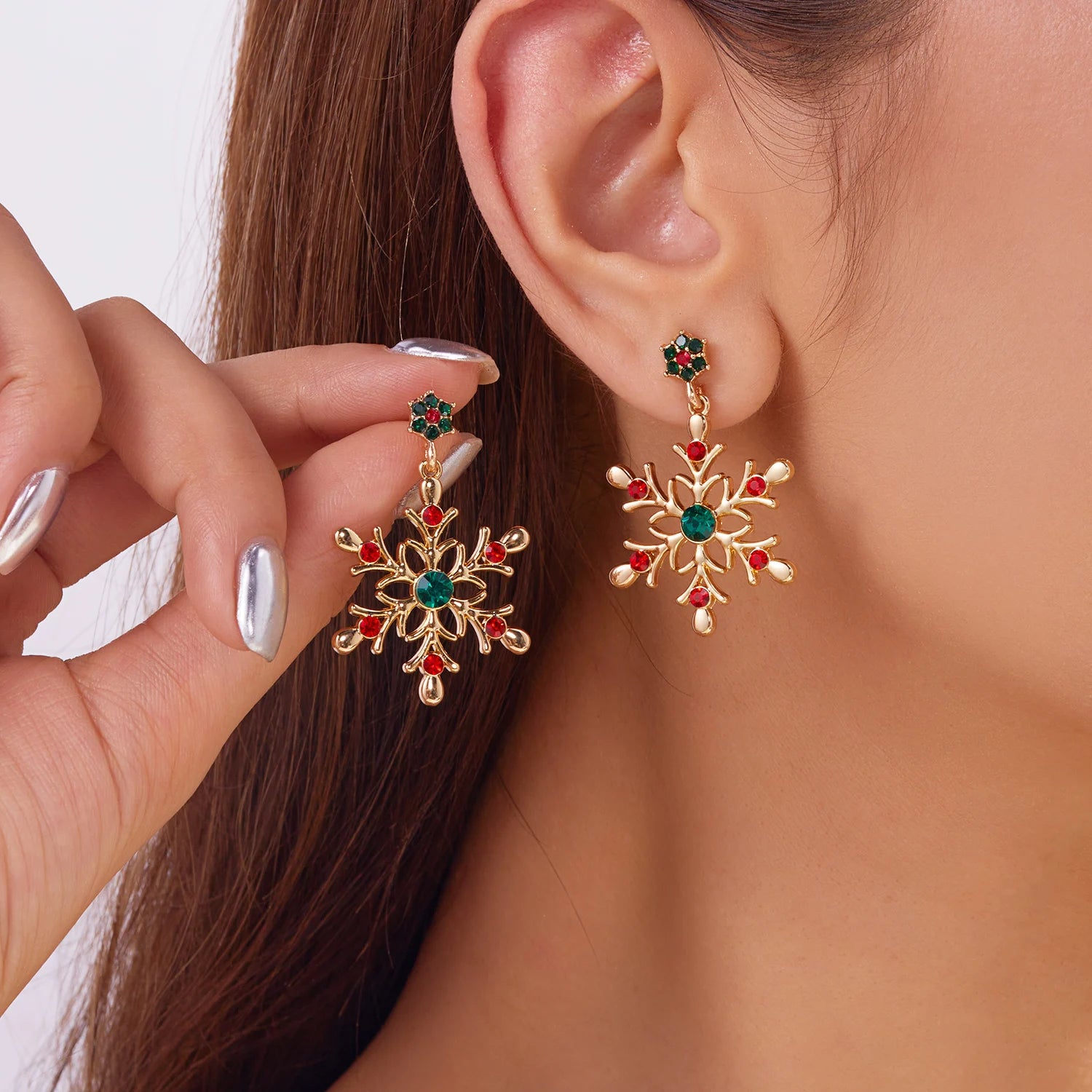 Christmas Rhinestone Snowflake Stud Earrings For Women Colorful Crystal Zircon Pearl Piercing Earring New Year Party Jewelry