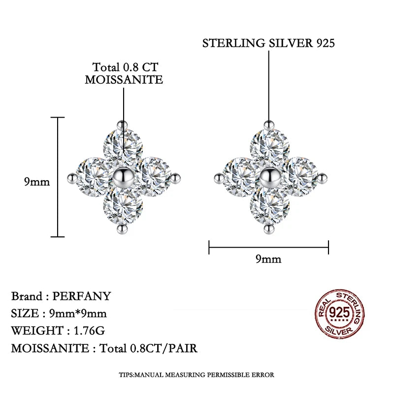 PERFANY All Moissanite Stud Earrings for Women S925 Pure Silver Classic Clover Laboratory Diamond Fashion Luxury Wedding Jewelry