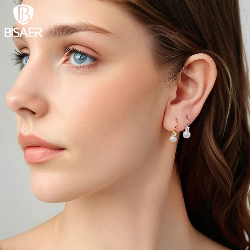 BISAER Moissanite Freshwater Pearl Earrings Soli 925 Sterling Silver for Women Round Cut Lab Diamond Wedding Party Fine Jewelry