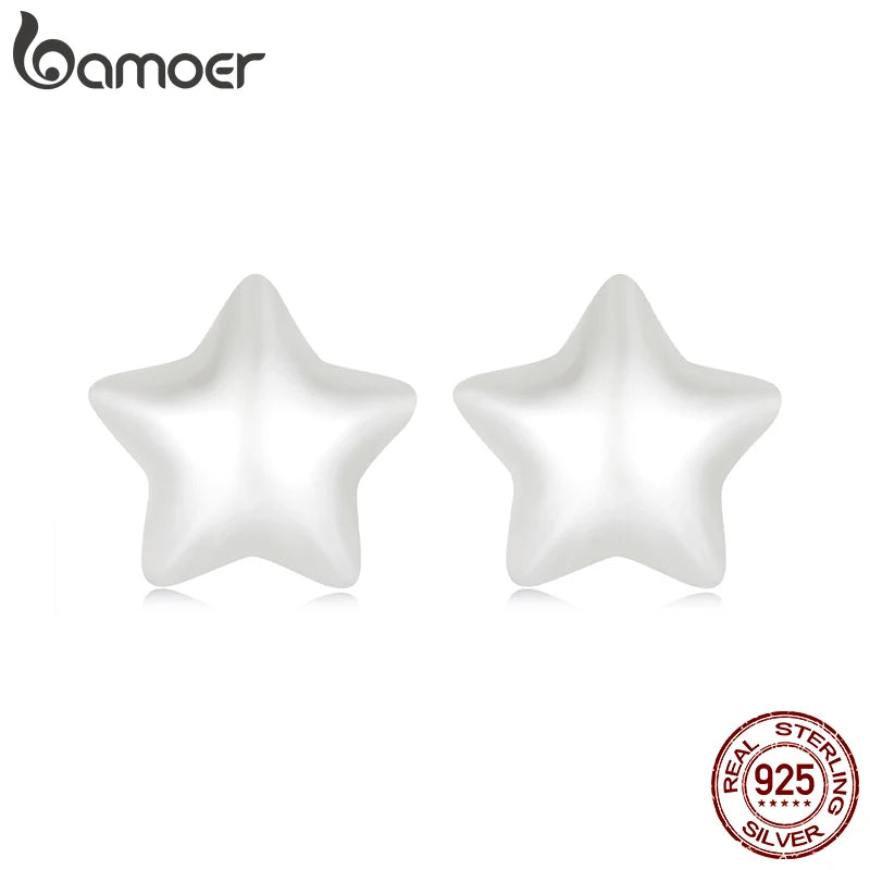 BAMOER 925 Sterling Silver Resin Star Earrings for Women, Smooth Luster Halo Stud Earring with Pearl Color Elegant Party Gift